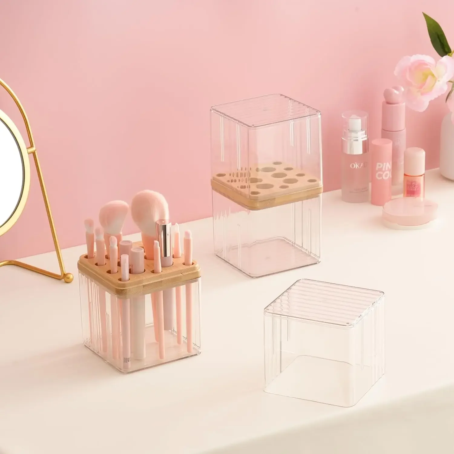 حامل فرشاة المكياج مع غطاء حاوية فرشاة المكياج مع غطاء حامل فرشاة المكياج الشفاف منظم مقاوم للماء والغبار