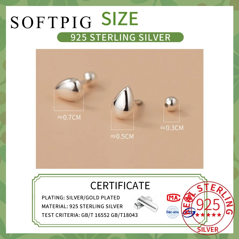 SOFTPIG Real 925 Sterling Silver 7*5mm Water Drop Bead Stud Earrings for Women Fine Jewelry Light Luxury Accessories 2024 Summer