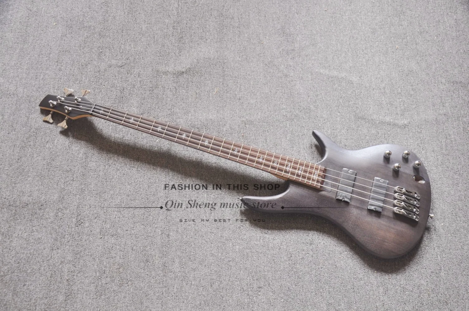 4 string matte black guitar,ASH wood body, maple neck, fixed bridge, black tuners , customizable