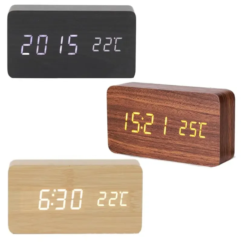 Multicolor Sound Control Wooden Wood Square LED Alarm Clock Desktop Table Digital Thermometer Wood USB/AAA Date Display