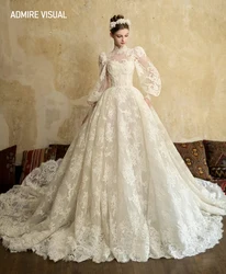 Newest Wedding Dress Lace A-Line For Bride High Neckline WIth Lantern Sleeves Custom Made Plus Sizes Vestidos De Novias