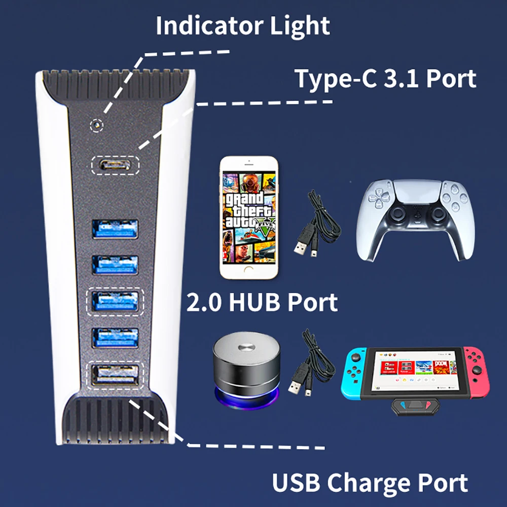 For PS5 USB Hub 1 to 5 USB Splitter Expander Hub with 5 USB2.0 + 1 Type-C Ports High Speed USB Adapter for PlayStation 5 Console