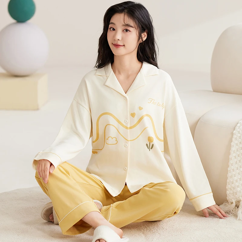 

Пижама из чистого хлопка, Новинка весна-осень 2024, домашняя одежда большого размера, осенне-зимний хлопковый комплект с длинным рукавом