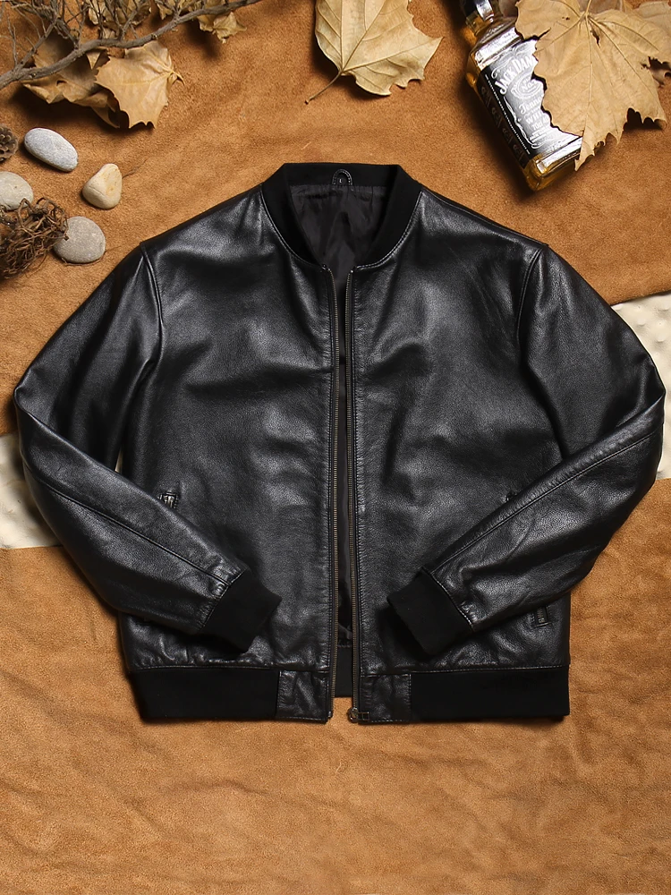 

New Urban Baron Men's Leather Jaet Thin eepskin Motorcycle Sle Layered Cuff Casual Spring Faion ort Zipper Closure