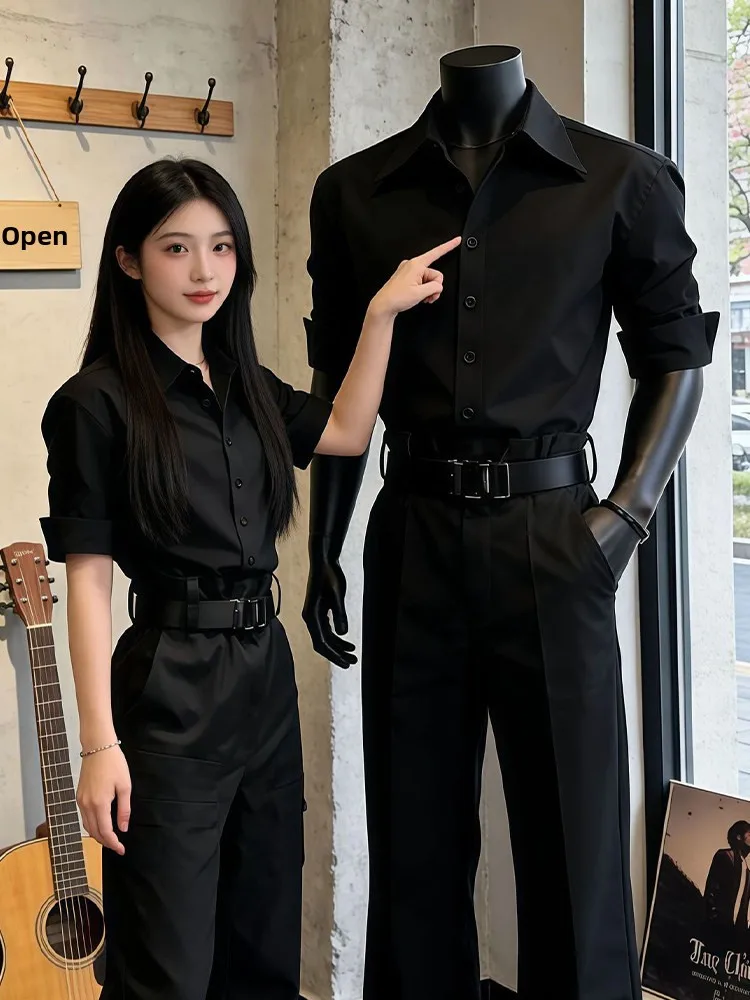 British Style Black Long Sleeve Shirt Men's High Quality Ice Silk Suit Jacket Cleanfit Outerwear Casual Loose Fit Button up