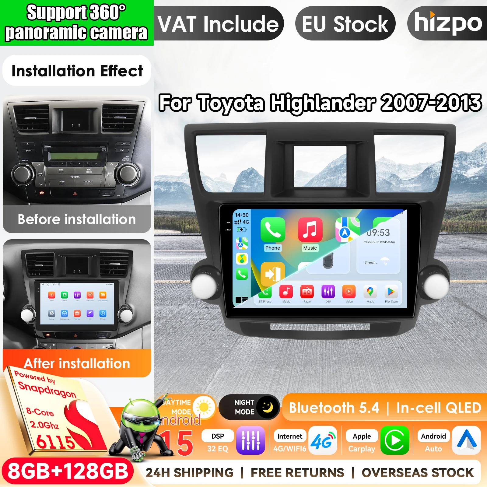 10,1" Radio für Toyota Highlander Kluger 2007 - 2013 2 Din Android 15 Autoradio Multimedia-Videoplayer GPS-Navigation 4G Carplay Stereo Autoradio Navigation GPS Auto KI-Intelligente Systeme Headunit