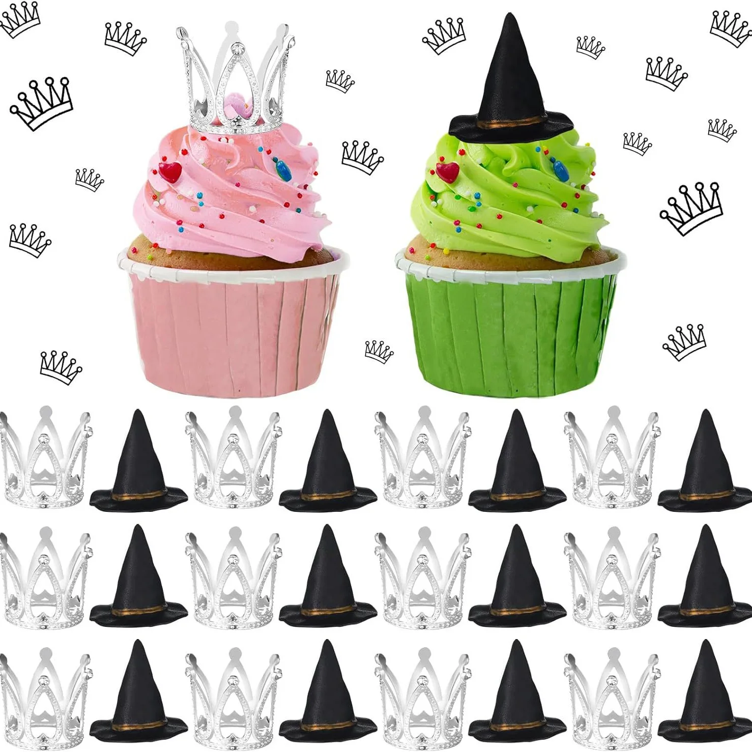 

24pcs Witch Hat Cake Decoration Tiny Tiara Small Crown Mini Cupcake Tops Plastic Princess Birthday Toppers Halloween Party