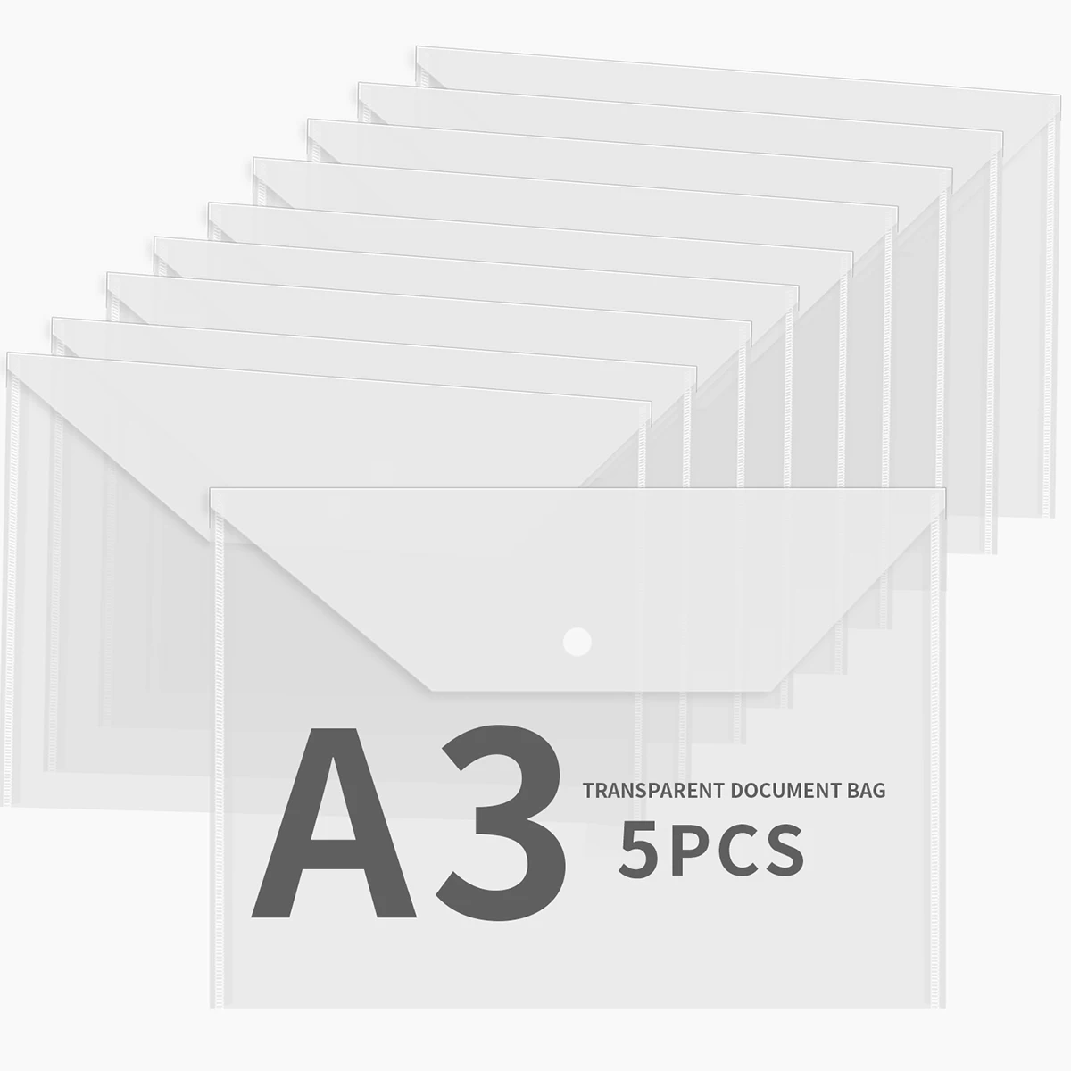 5pcs A3 Clear Snap Plastic Document Bags, Transparent File Pouches, School Office Exam Paper Storage Portable Organizer Gadget