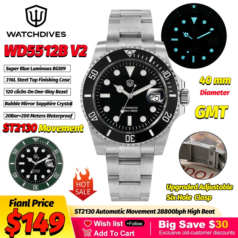 Watchdives WD5512B V2 GMT Dive Watch ST2130 Automatic Bubble Mirror Sapphire BGW9  200M Waterproof Luxury Men Mechanical Watch