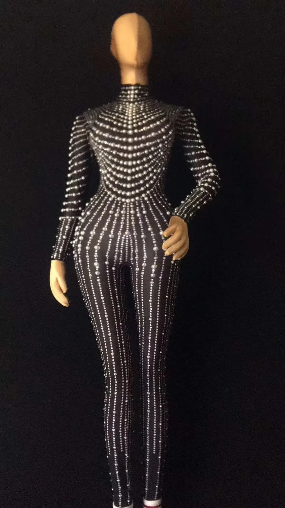 

Black Shining Pearls High Neck Long Sleeves Sexy Jumpsuits For Women Nightclub DJ Stage Singer Perform Drag Queen Costumes