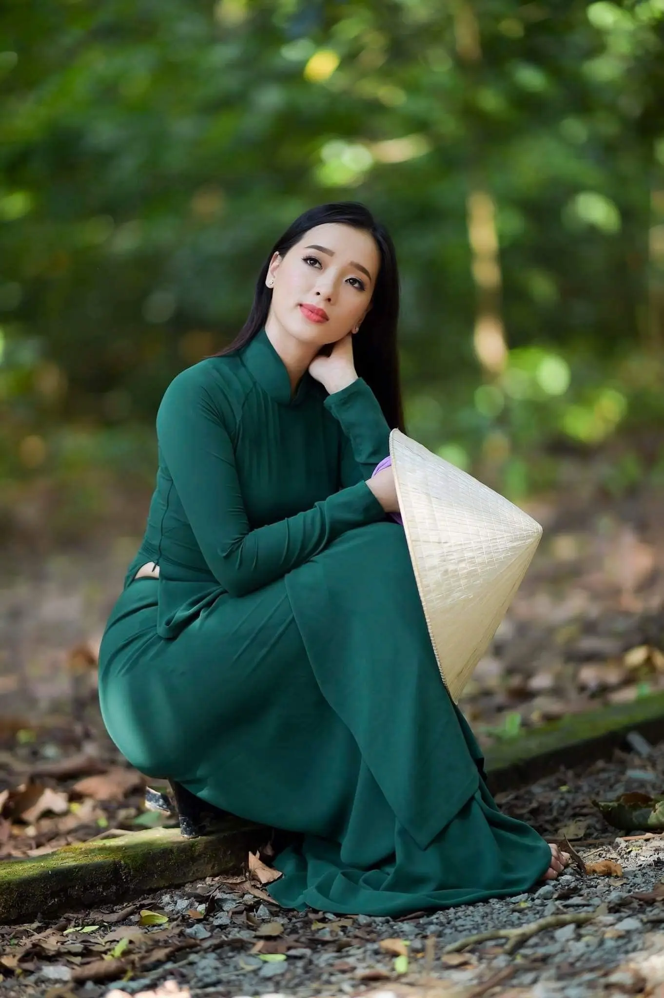 Customized  Dark Green Women Aodai Vetnam Clothing Long Cheongsam Aodai Vietnamese Traditionally Dress