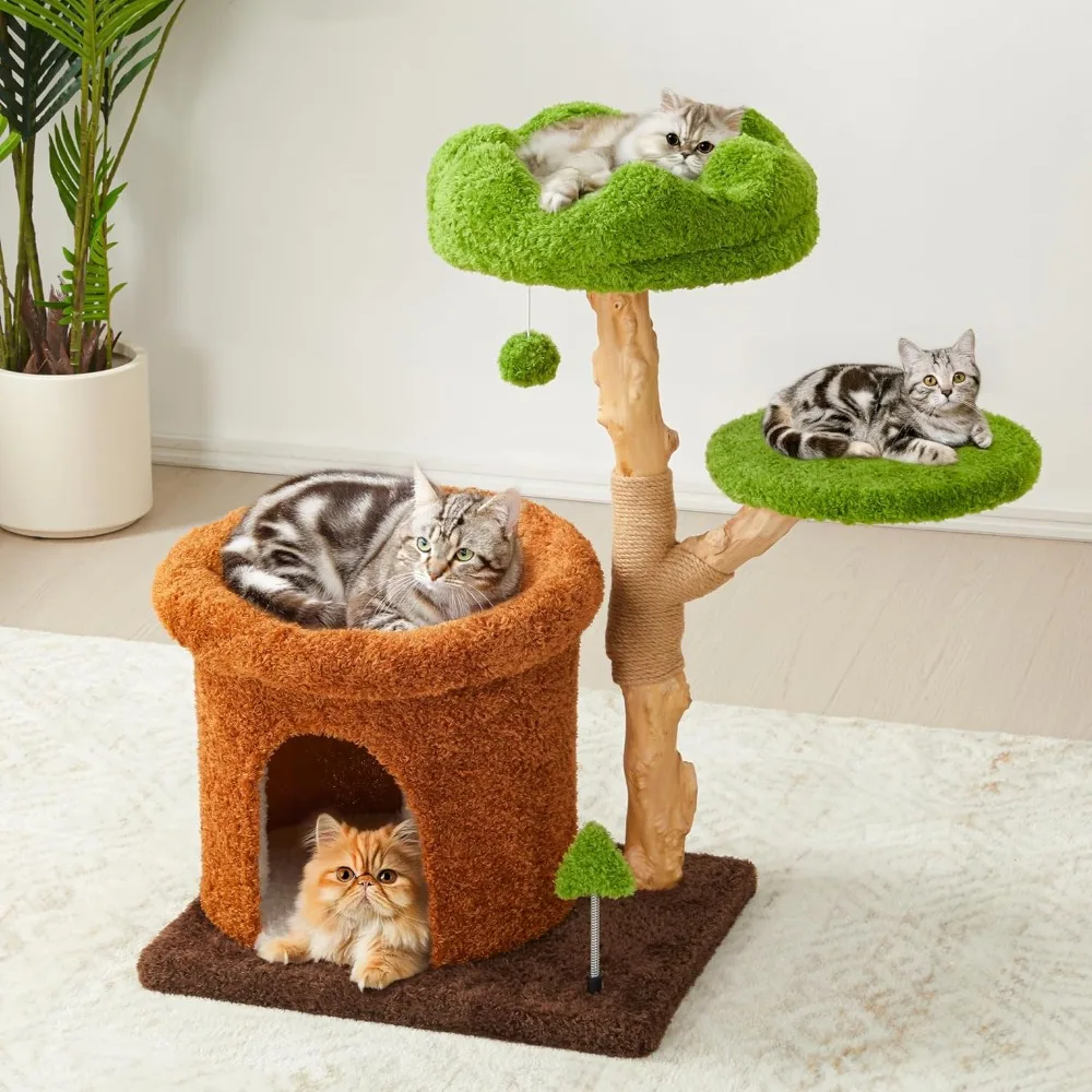 32-Inch Multi-Level Cat Tree Tower, Natural Wooden Cat Furniture with Sisal Scratching Posts, Beds & Condo, Cute Cat Tree for In