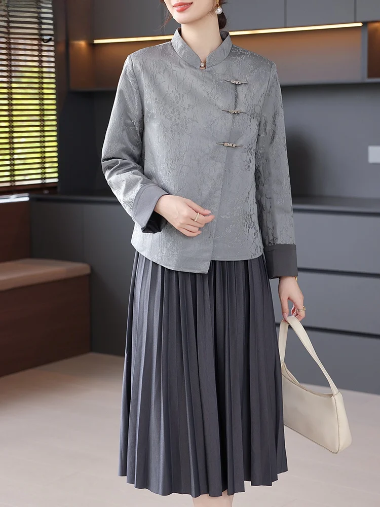 

New Chinese Sle Autumn Dr Set Long Skirt Outerwear Faion Loose Fit Polyester Fiber Mom Clothes Middle-Aged Women's Fas...