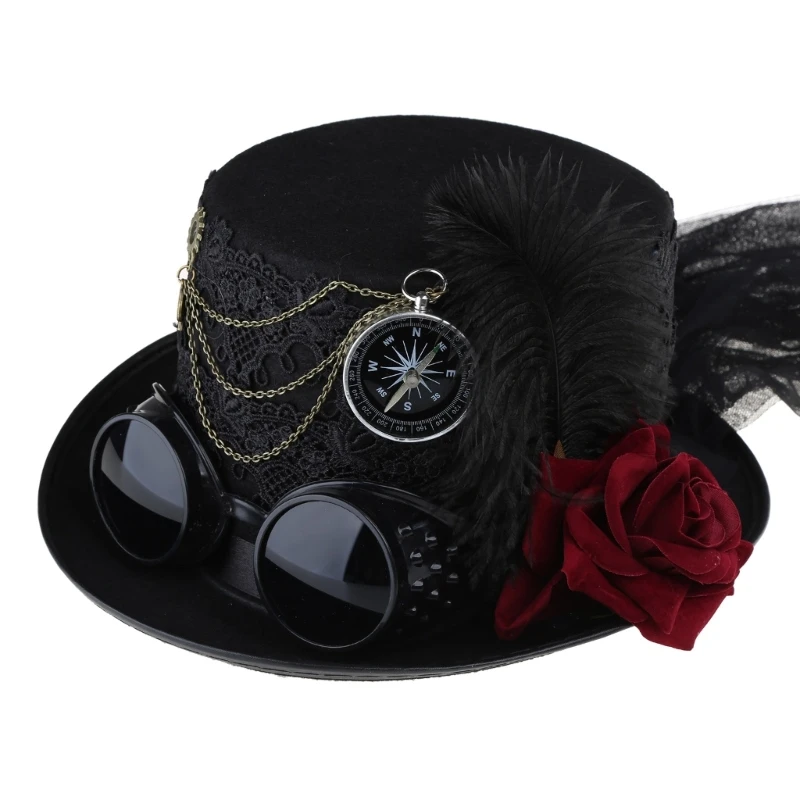 Unisex Steampunk Top Hats Halloween Costume Hat Black Gothic Top Hat with Lace Ruffle and Flower for Women Dress Drop shipping