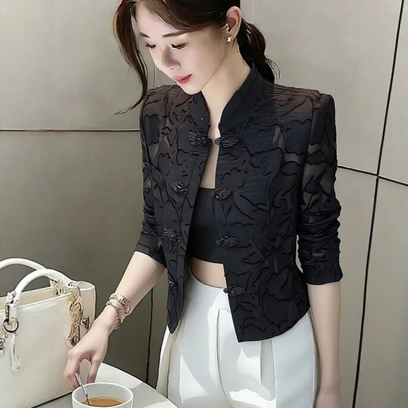 Spring and Summer Fashion Temperament Stand-up Collar Short  Loose Cardigan Coat Slim Thin Black Coat top Female National Tide
