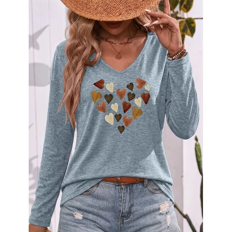 V Neck Long Sleeve T Shirt For Women Heart Pattern Print Soft Breathable Skin Friendly Comfortable Casual Daily Wear Commute Out