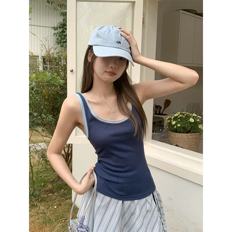 

Color Blocking Fake Two-Piece Vest Camisole Summer 2025 New Women's U-Neck Outerwear Slim Fit Top