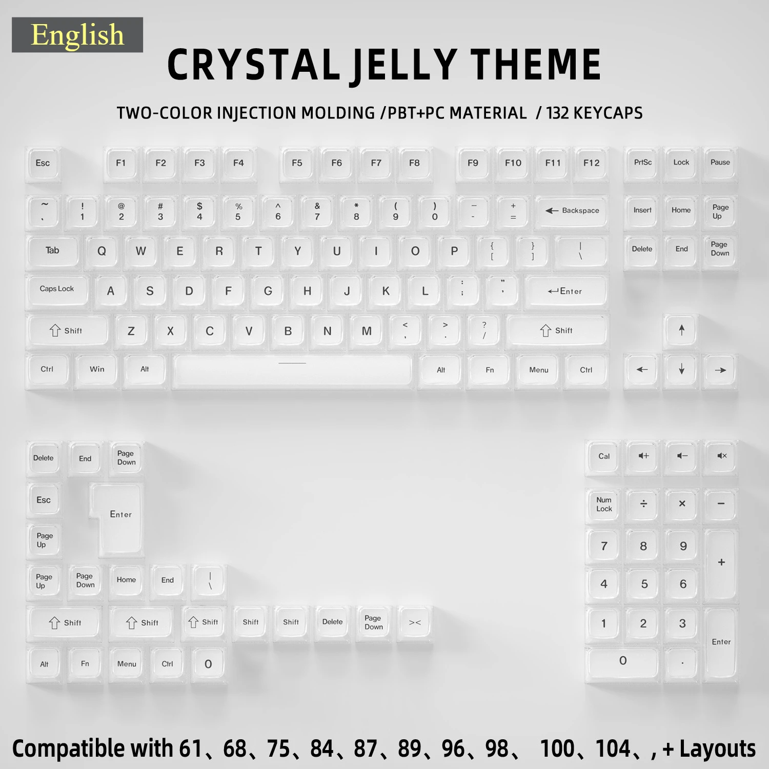 Korean Crystal Jelly Keycaps PC Doubleshot Pink White Hangul Key Cap for 60% 75% 96% 100% Magnetic Switch Mechanical Keyboard
