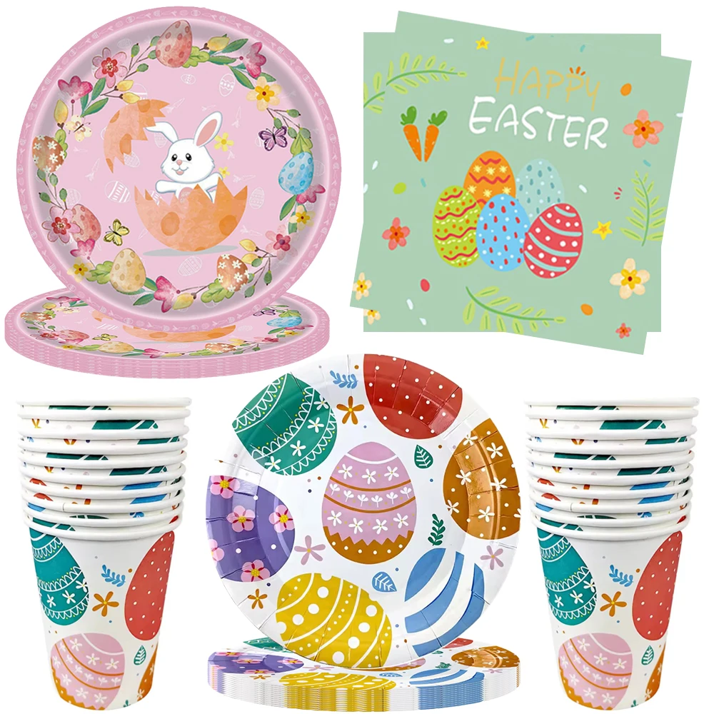 Easter Day Tableware Party Supplies Colorful Eggs Pattern Disposable Dinnerware Paper Plates Napkins Easter Spring Themed Party