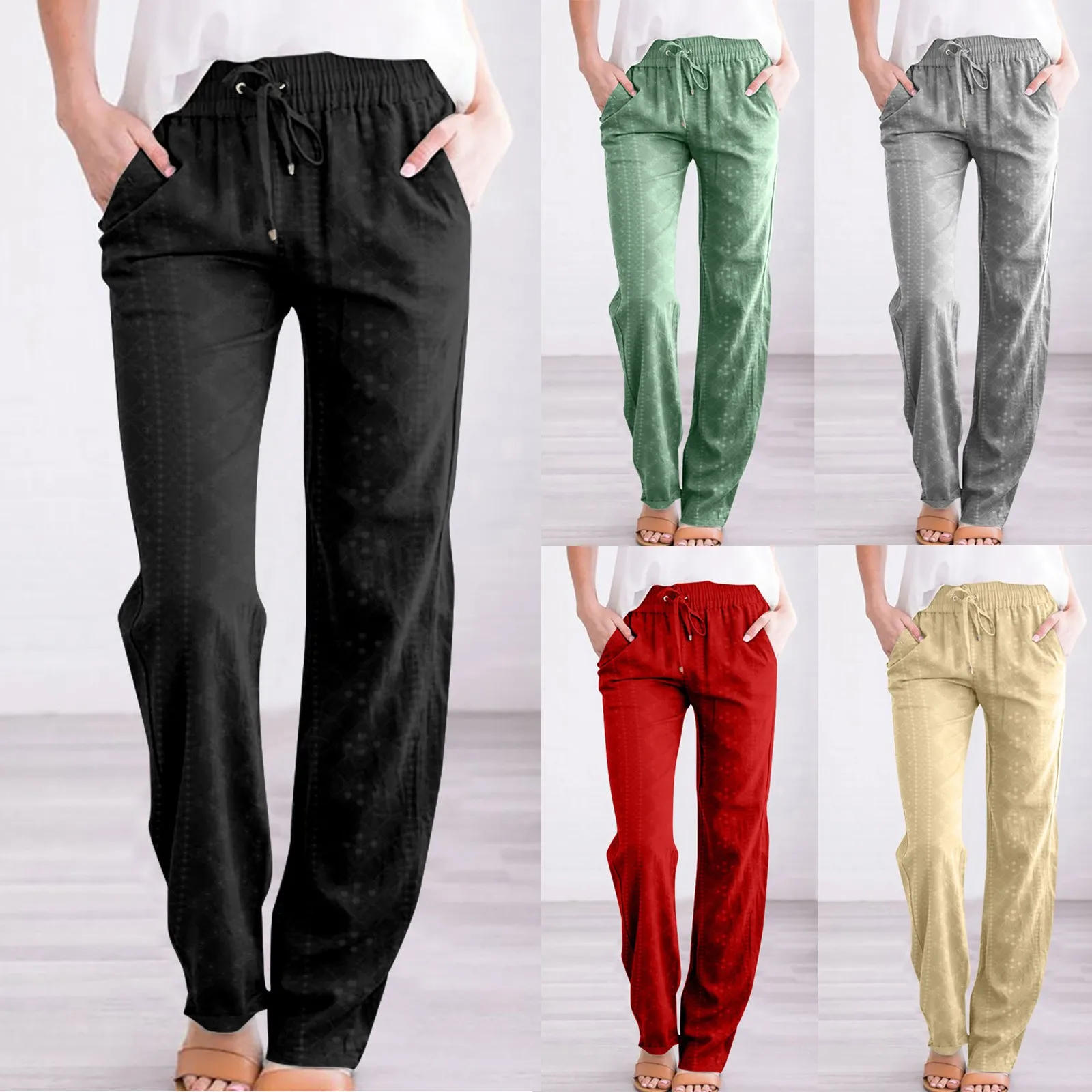 Spring Summer Casual Pants Women's Jacquard Drawstring Loose Wide-Leg Pants Hot Sale Long Trousers With Pocket Ladies Bottom