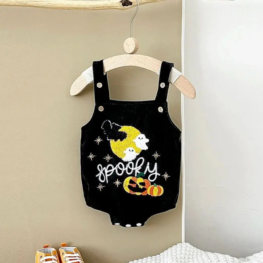 0-18M Infant Clothes Baby Boy Girl 1st Halloween Pumpkin Ghost Embroidery Bodysuit Fall Bubble Romper Toddler Corduroy Overalls