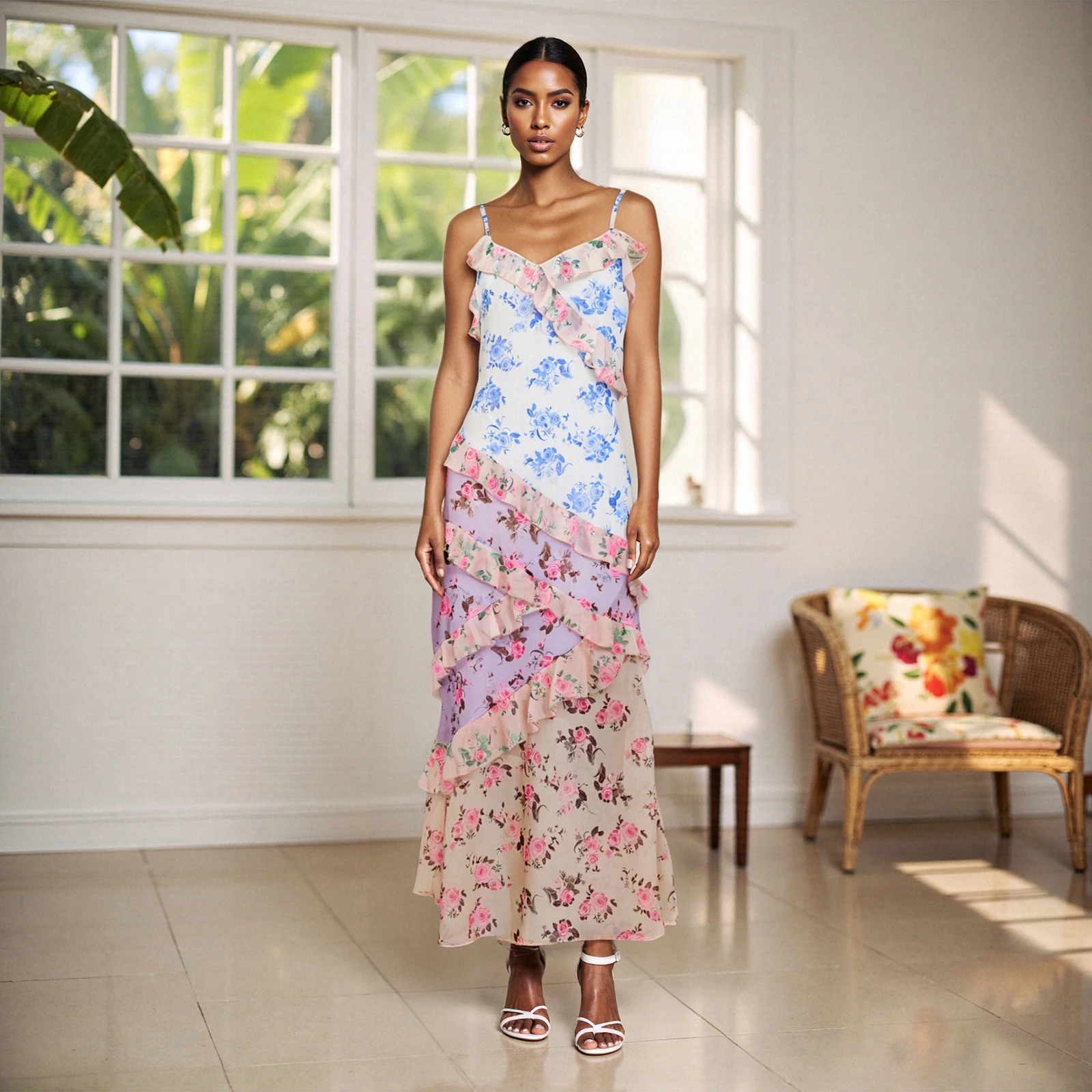 새로운 여성 플로럴 패치워크 캐미 드레스 슬림 러플 트림 V넥 민소매 오픈 백 롱 드레스 파티 클럽 핫세일 S M L