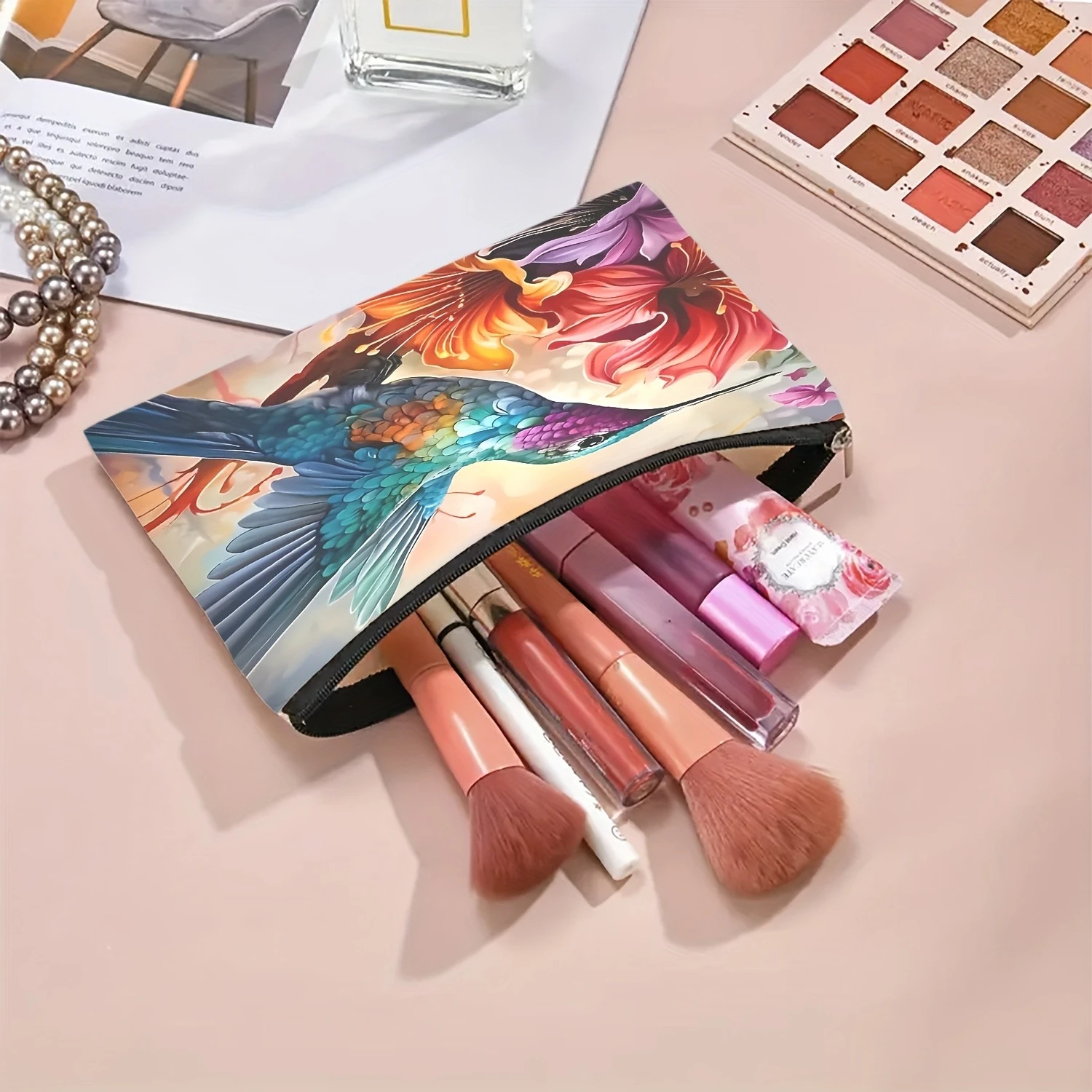 1 قطعة الطائر الطنان الأزهار نمط حقيبة مستحضرات تجميل السفر حقيبة مستحضرات التجميل مع سحاب نابضة بالحياة الأزرق الأخضر الطنان السفر حقيبة مستحضرات التجميل #5