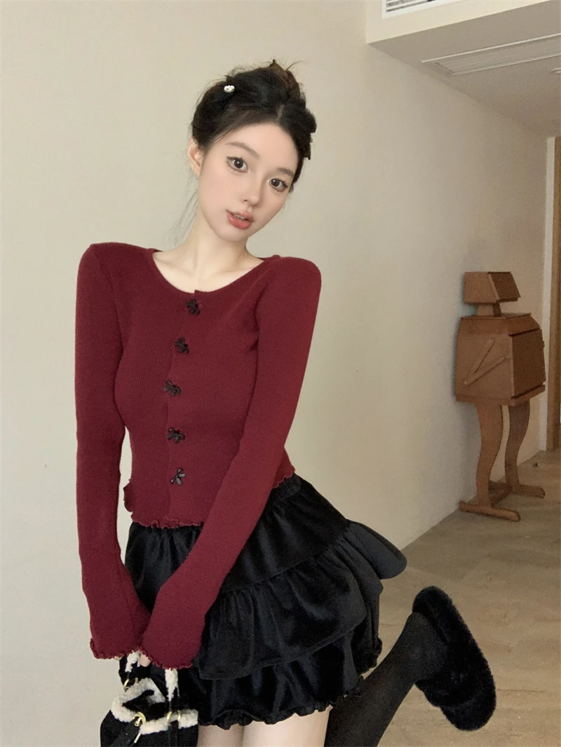 KUSAHIKI Bow Single Breasted Long Sleeved Knitted Cardigan Top for Women\'s Spring Ear Edge Sweet Slim Fit Short Sweater Coat