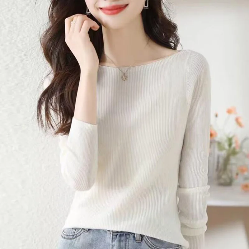 Women\'s Clothing Slash Neck Long Sleeve Knit Top Autumn New Elegant Fashion Solid Vertical Grain Sweaters Office Lady Chic Tops