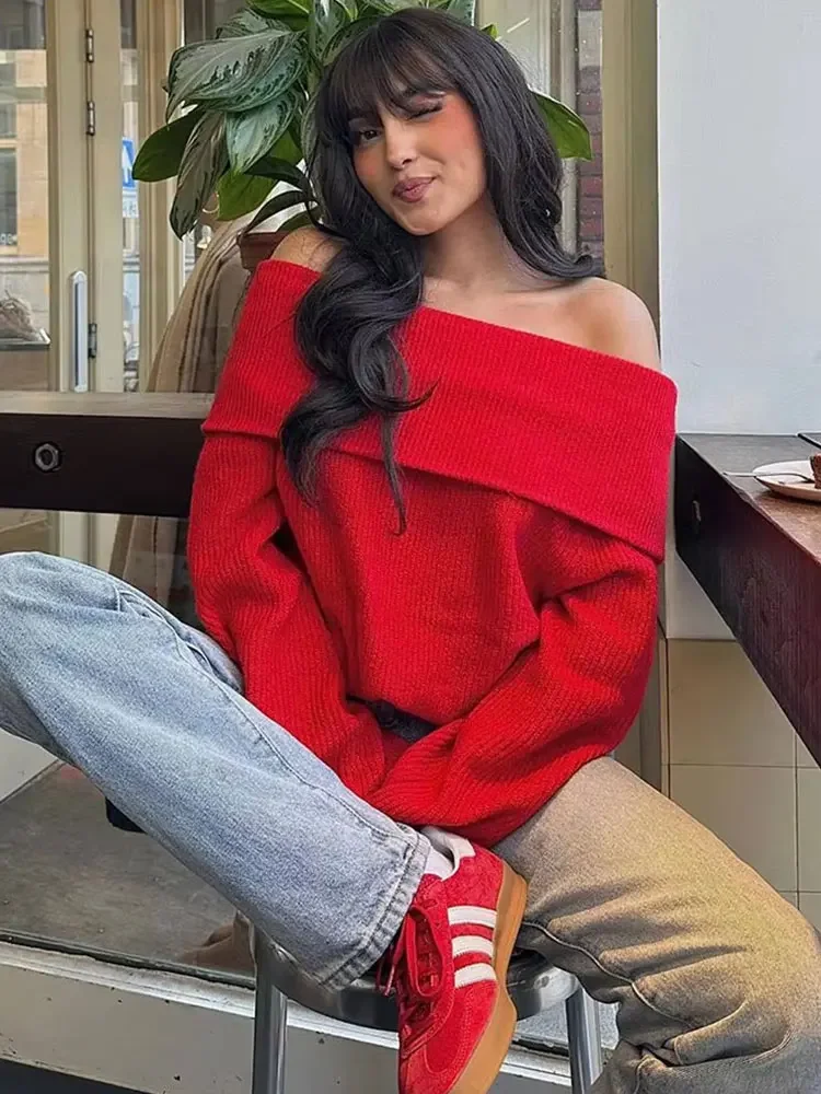 HH, suéter liso a la moda con hombros descubiertos, Jersey de punto de manga larga, suéter de otoño para mujer, prendas de punto informales, Top elegante