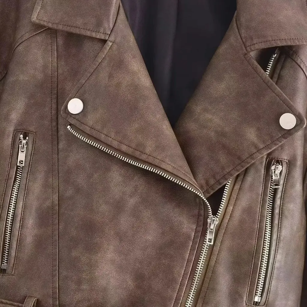 Vintage Washed Distressed PU Leather Jacket for Women Short European American Style Autumn Fashion Hot Girl Clothing