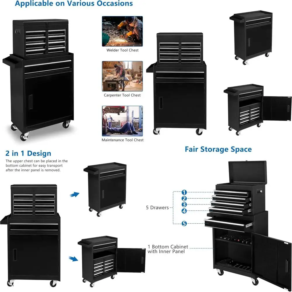

Мобильный инструментальный ящик с 5 выдвижными ящиками, запирающимися колесами и регулируемой полкой для гаража, мастерской и ремонтной мастерской