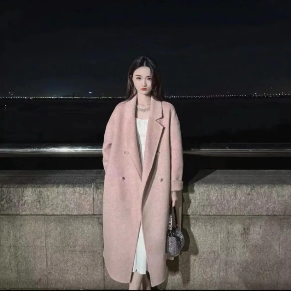 2024 New Classics Women Double Breasted Loose Woolen Coat Women Solid Casual Long Oversize Wool Jacket Female Autumn Winter