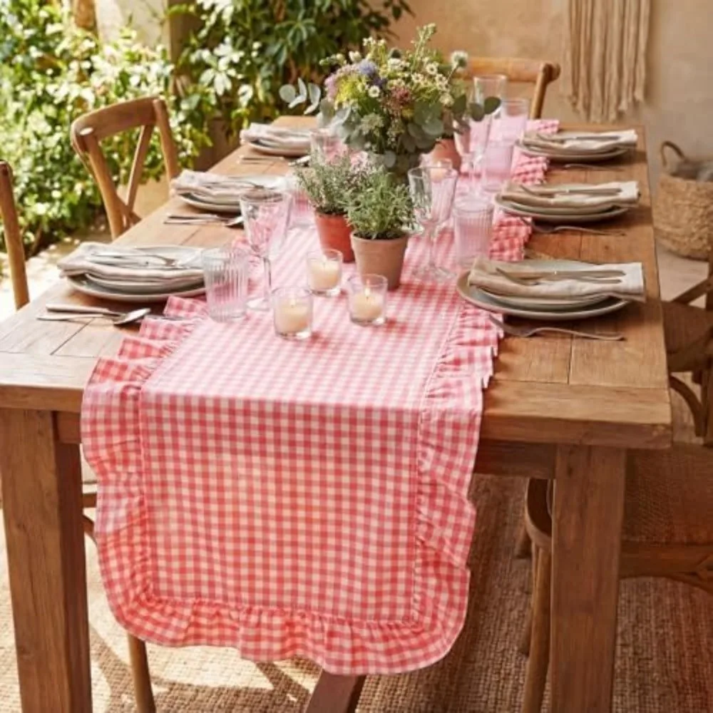 Washed Cotton Table Runner Ruffle Edge Soft Runner Washed Cotton Ruffle Gingham Check French Vintage Table Scarf