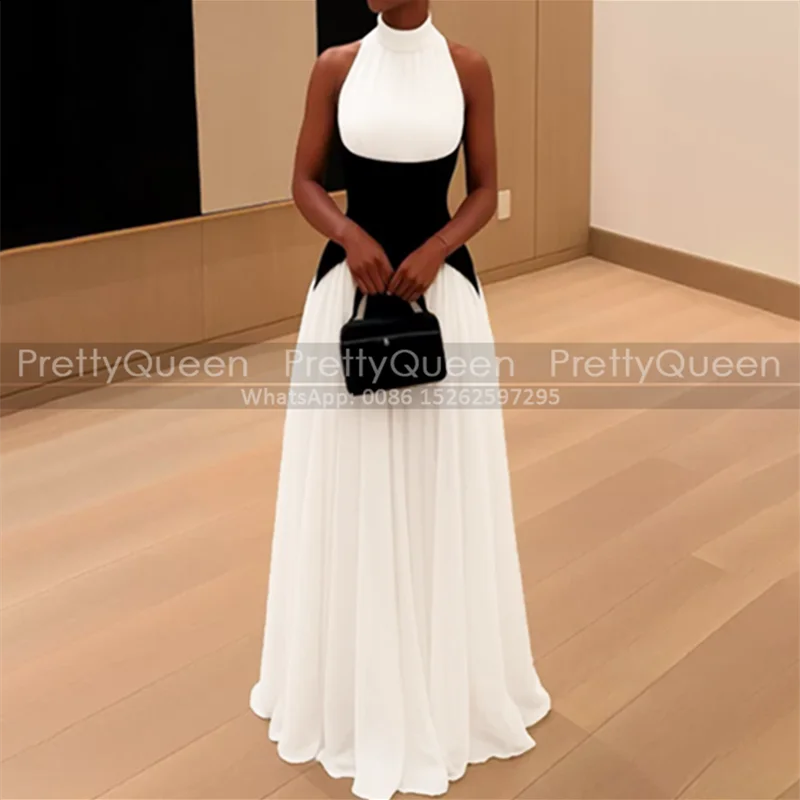 Lange Brautjungfernkleider in A-Linie, Stehkragen, ärmellos, maßgeschneidertes Hochzeitskleid aus weißem und schwarzem Chiffon