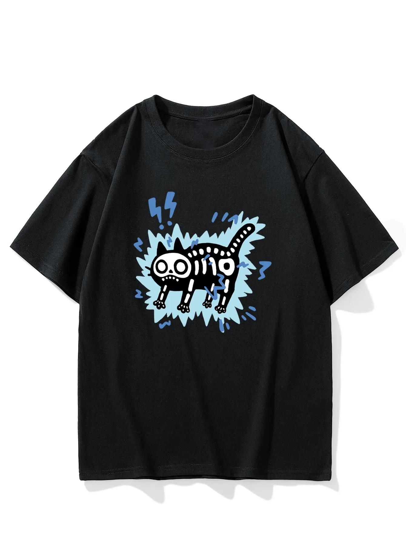 Fun Skeleton Cat Minimalist Style T-shirt Casual Versatile Design Loose Casual Trendy Brand Base Shirt Youth Top