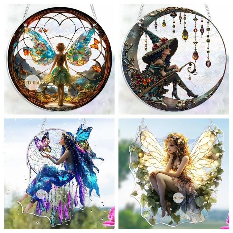 Fairy Tale Forest Fairy Colorful Acrylic Window Film Hanging Decoration, a garden ornament that captures sunlight and creates a