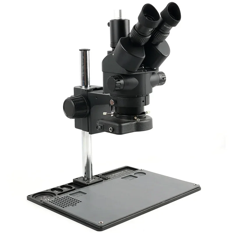 7X- 45X Zoom Industrial Simul-focal Aluminum Alloy Stand Stereo Microscope Trinocular Microscope Set+0.5X 2.0X Auxilliary Lens