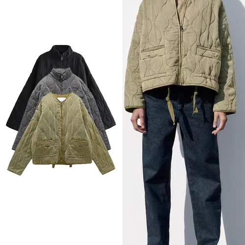 TRAF 여성용 새로운 지퍼 웜 재킷 가을과 겨울 긴 소매 라운드 넥 패딩 솔리드 컬러 재킷 여성 패션 탑스 