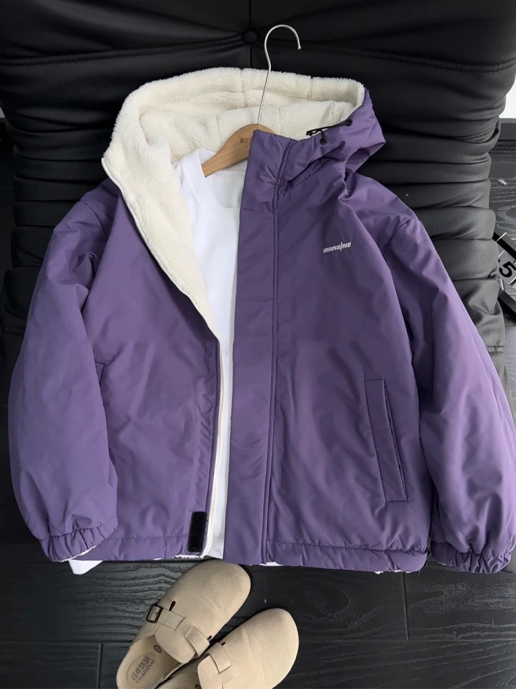 

Double-Sided Wear American Lamb Velvet Jaet Men's Autumn Winter Thiened Warm Outdoor Fce-Lined Hooded Cotton Coat