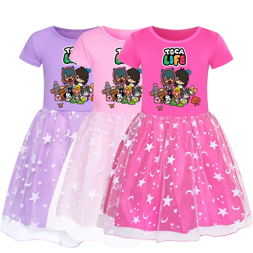 Fashion Toca Life Kids Clothes Knee-Length Dresses Cute Cotton Gauze Full Dress Teenagers Cartoon Baby Girls Party Clothing1871