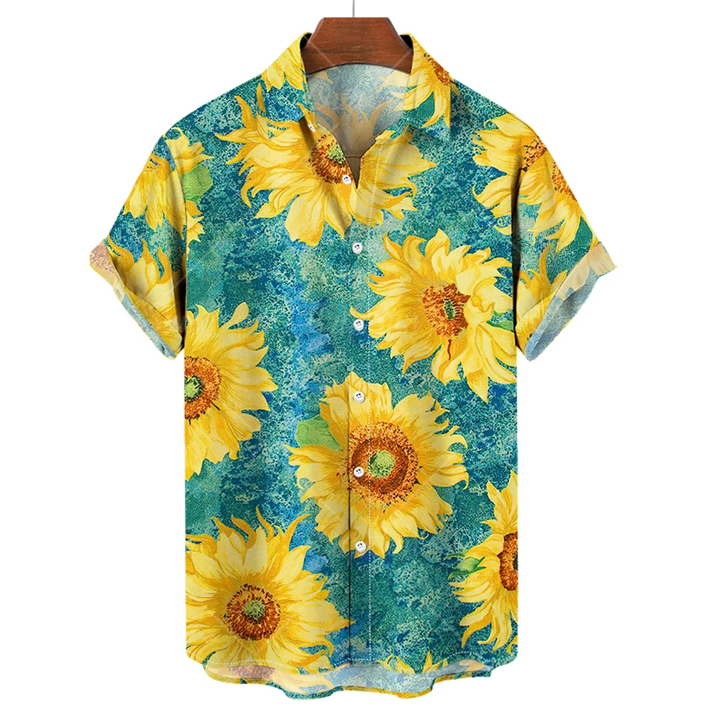 Camisas hawaianas para hombre, camisas con solapa y estampado de girasol, Tops de manga corta a la moda, ropa holgada de gran tamaño, 2023