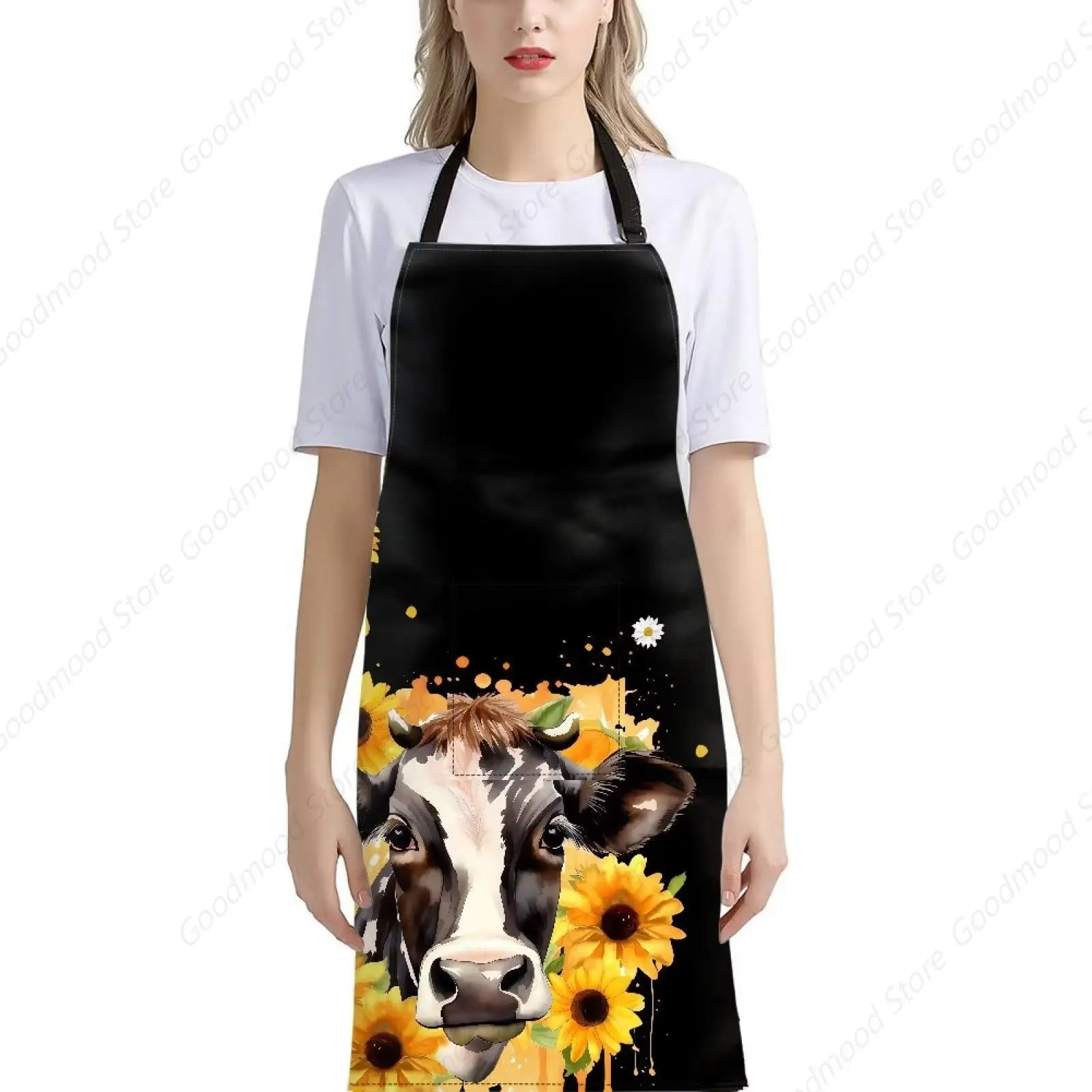 Cow With Sunflowers Aprons With Pocket And Adjustable Neck Strap,Black White Plaid Cooking Bib Anti Dirty Kitchen Work Apron