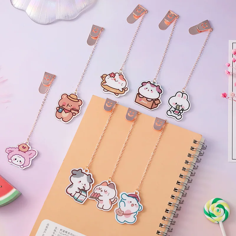 Marcapáginas de acrílico Kawaii de dibujos animados de vaca coreana, libro de papelería para estudiantes, Clip de página, colgante creativo, cadena de Metal para oficina, regalo de aprendizaje