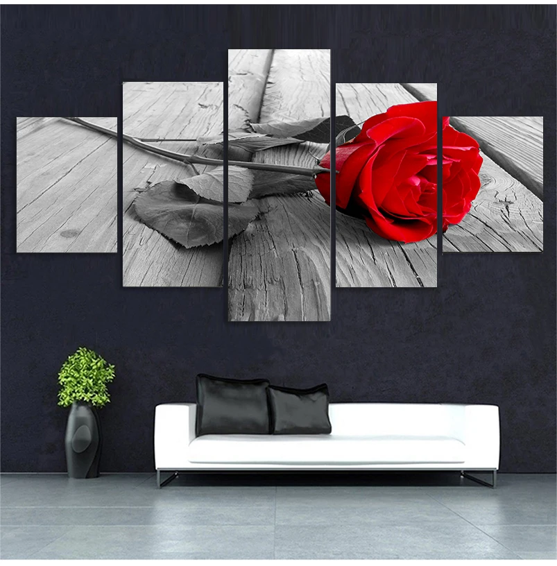 HD Home Decoration Canvas Pictures Living Room Modern 5 Panel Red Rose Flowers Printed Painting Wall Art Modular Poster Frame