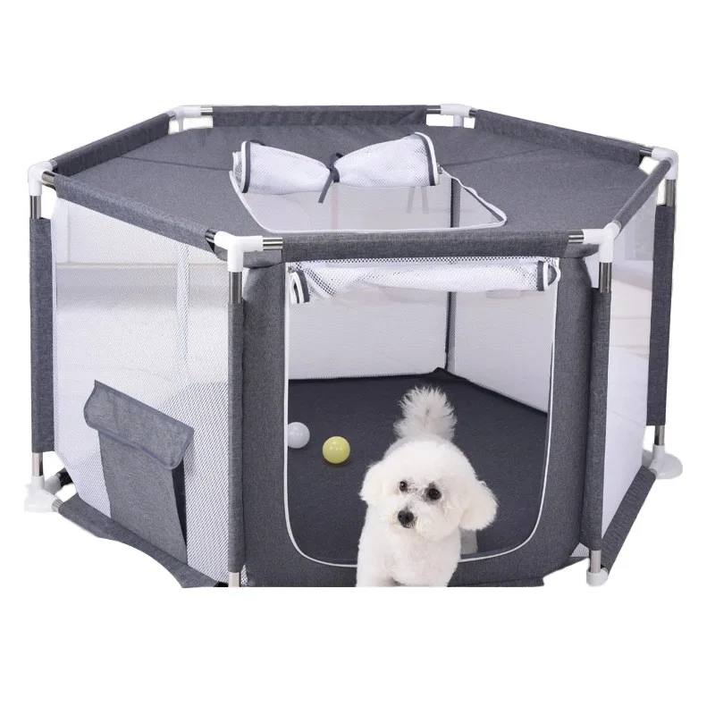 

New Hexagonal Dog Kennel Pet Cage with Open Skylight Elastic Mesh Cat Maternity Room Plastic Tray Animal Cage