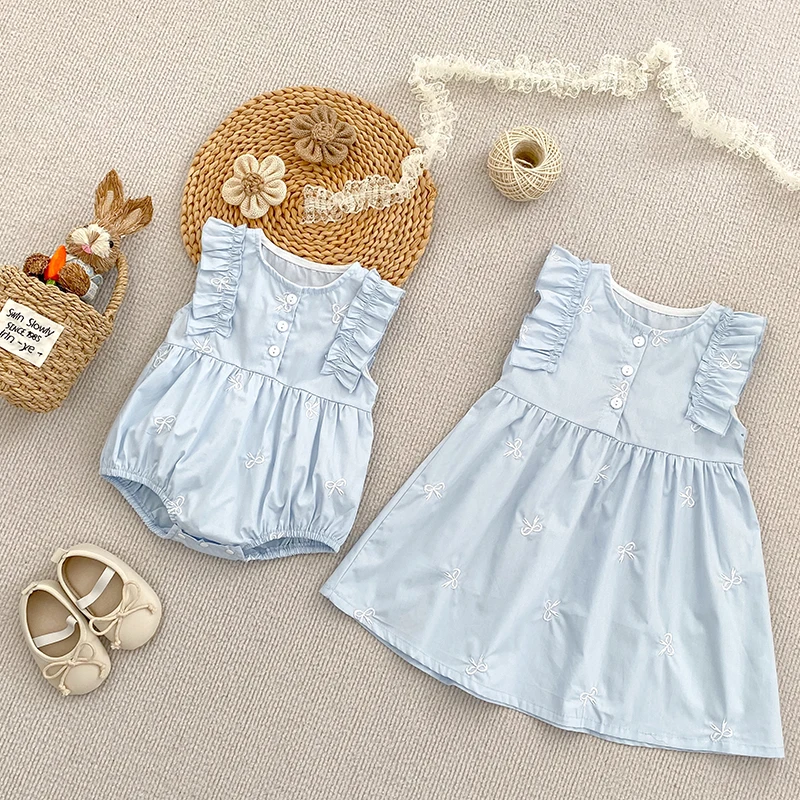 Summer Sister Baby Girl Party Dress Flying Sleeves Cotton Embroidered Flowers Sister Dress Baby Girl Romper Kids Princess Dress