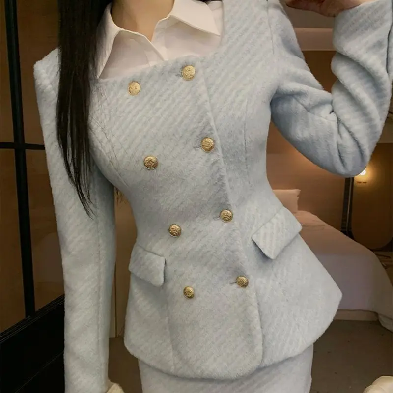 Autumn and Winter Wear Blue Fashion Suit Woolen Coat Half Skirt Short Slimming Slim Two-piece Set Conjuntos De Mujer