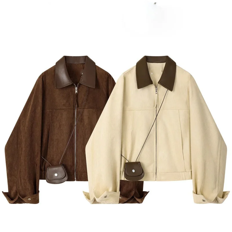 2025 Autumn New Design Turn Down Collar Suede Retro Loose Short Jacket