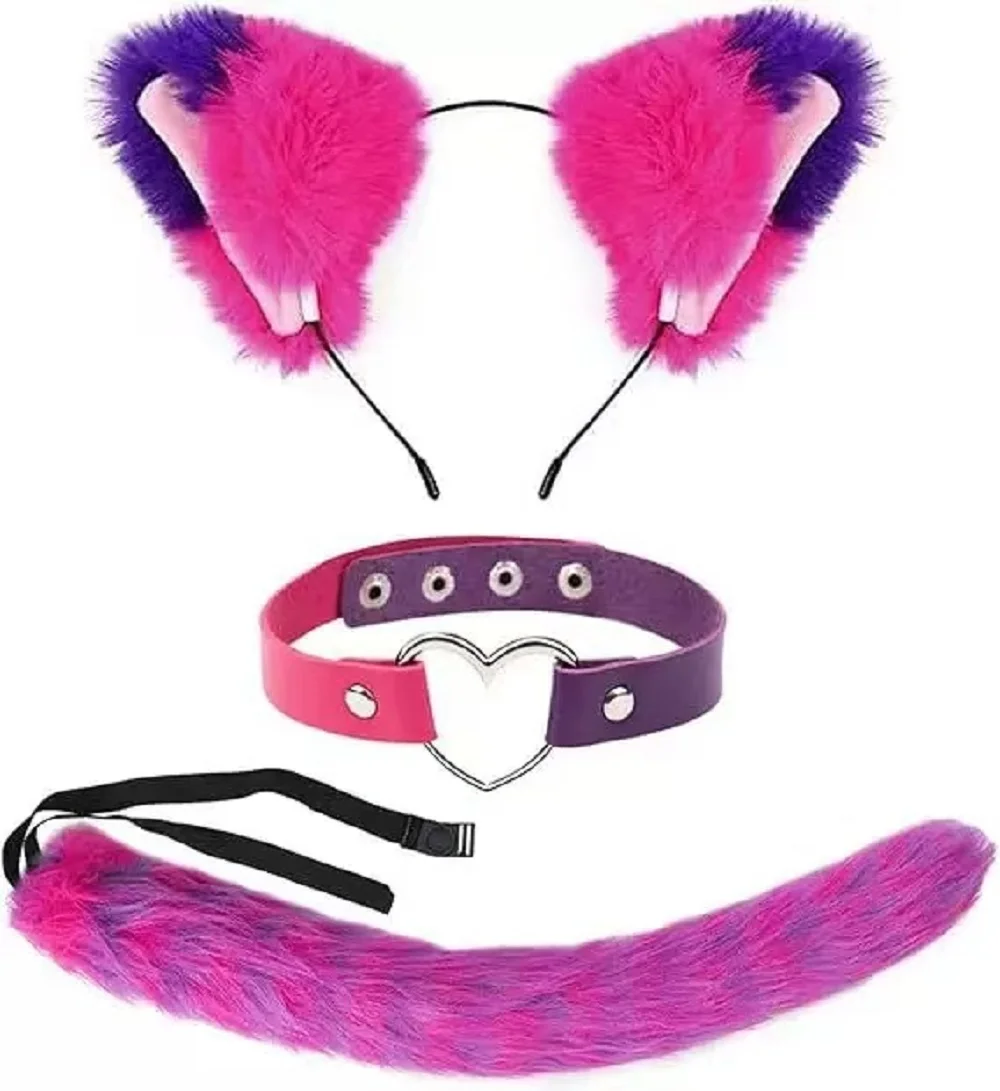 

Halloween Cat Costume Set with Fluffy Tail, Collar, Headband, Gloves & Striped Socks - Polyester & Spandex, Animal Theme Party